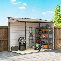 Outsunny 5 x 9ft Galvanised Metal Garden Shed with Foundation Kit, Outdoor Lean-to Shed, Tool Storage House with Lockable Doors, Gloves and 2 Air Vents for Patio, Garden, Brown - 9