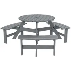 Outsunny 6 Seater Wooden Picnic Table and Garden Benches Set, Round Garden Dining Set with 3 Benches and Umbrella Hole Outdoor Garden Park, Grey - 1