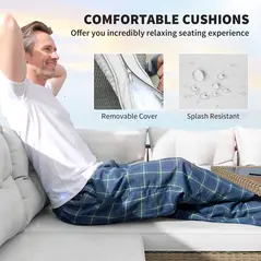 Outsunny 6 Piece Rattan Garden Furniture Set, 8 Seater Garden Corner Sofa with Cushions and Glass Top Table, Sectional Outdoor Furniture Conservatory Set for Patio, Cream White - 6