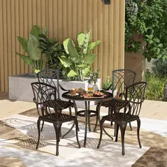 Outsunny 5 Pieces Garden Dining Set for 4, Cast Aluminium Outdoor Dining Set with 4 Armchairs and Round Dining Table with Parasol Hole, Garden Furniture Set, Bronze Tone - 2