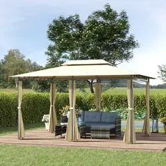 Outsunny 4m x 3(m)Garden Gazebo, Double Roof Outdoor Gazebo Canopy Shelter with Curtains, Solid Steel Frame for Lawn and Deck, Beige - 2