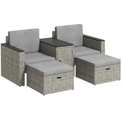 Outsunny 5 Piece Rattan Garden Furniture Set, Nesting Outdoor Furniture Conversation Set with 2 Footstools, WPC Storage Coffee Table and Cushions, Wicker Garden Sofa for Conservatory, Terrace, Grey - 1