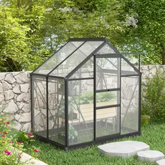 Outsunny 6 x 4ft Polycarbonate Greenhouse, Large Walk-In Green House with Slide Door and Window, Garden Plants Grow House with Aluminium Frame and Foundation, Grey - 2