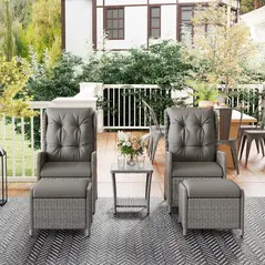 Outsunny 5 Pieces Rattan Bistro Set with Adjustable Back, Reclining Wicker Balcony Furniture with Cushions, Glass Top Coffee Table and Footstools, Outdoor Table and Chairs, Light Grey - 9