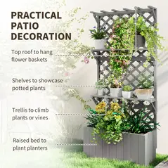 Outsunny 52L Wooden Planter, with Trellis and Shelves - Grey - 4