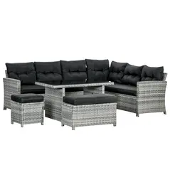 Outsunny 5-Piece Rattan Patio Furniture Set with Corner Sofa, Footstools, Glass Coffee Table, Cushions, Mixed Grey - 1