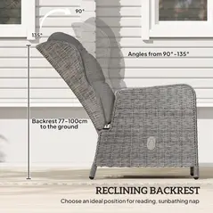 Outsunny 5 Pieces Rattan Bistro Set with Adjustable Back, Reclining Wicker Balcony Furniture with Cushions, Glass Top Coffee Table and Footstools, Outdoor Table and Chairs, Light Grey - 6