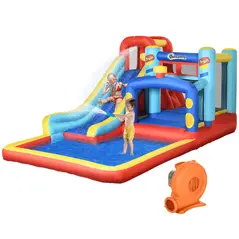 Outsunny 4-in-1 Bouncy Castle, with Slide, Trampoline, Climbing Wall, Blower, Multicoloured - 1