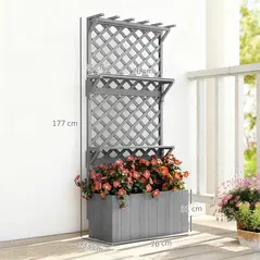 Outsunny 52L Wooden Planter, with Trellis and Shelves - Grey - 3