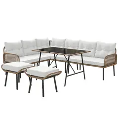 Outsunny 6 Piece Rattan Garden Furniture Set, 8 Seater Garden Corner Sofa with Cushions and Glass Top Table, Sectional Outdoor Furniture Conservatory Set for Patio, Cream White - 1