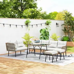 Outsunny 6 Piece Rattan Garden Furniture Set, 8 Seater Garden Corner Sofa with Cushions and Glass Top Table, Sectional Outdoor Furniture Conservatory Set for Patio, Cream White - 9