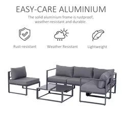 Outsunny 6 PCs Outdoor Indoor Sectional Corner Sofa Set Thick Padded Cushions Aluminium Frame 5 Seaters 1 Coffee Table Grey - 6