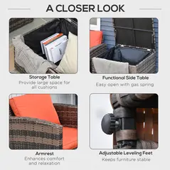 Outsunny 6 Pieces Rattan Garden Furniture Set, 7 Seater Wicker Outdoor Furniture Set with Storage Tea Table & Side Table, Sectional Garden Sofa Set with Cushions, Orange - 6