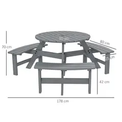 Outsunny 6 Seater Wooden Picnic Table and Garden Benches Set, Round Garden Dining Set with 3 Benches and Umbrella Hole Outdoor Garden Park, Grey - 3