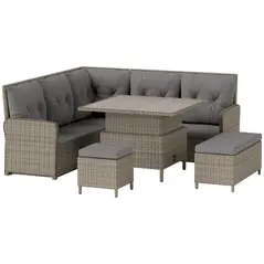 Outsunny 6 Pieces Outdoor PE Rattan Garden Furniture, Patio Wicker Sectional Conversation Corner Sofa w/ Soft Padded Cushion & Liftable Coffee Table, Light Grey - 1