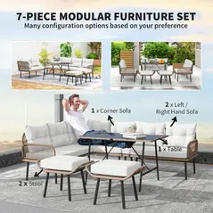 Outsunny 6 Piece Rattan Garden Furniture Set, 8 Seater Garden Corner Sofa with Cushions and Glass Top Table, Sectional Outdoor Furniture Conservatory Set for Patio, Cream White - 4