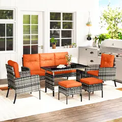 Outsunny 6 Pieces Rattan Garden Furniture Set with Dining Table and Cushions, Orange - 7
