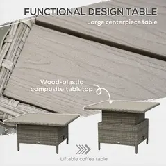 Outsunny 6 Pieces Outdoor PE Rattan Garden Furniture, Patio Wicker Sectional Conversation Corner Sofa w/ Soft Padded Cushion & Liftable Coffee Table, Grey - 6