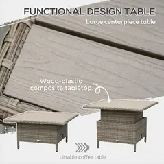 Outsunny 6 Pieces Outdoor PE Rattan Garden Furniture, Patio Wicker Sectional Conversation Corner Sofa w/ Soft Padded Cushion & Liftable Coffee Table, Light Grey - 6