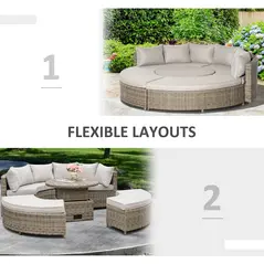 Outsunny 5 Pieces Outdoor PE Rattan Round Garden Daybed with Cushions, Aluminium Patio Furniture Set Lounge Chair Conversation Sofa Set with Liftable Coffee Table and Protect Cover, Grey - 8