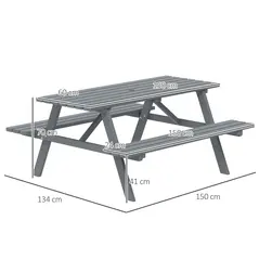 Outsunny 6 Seater Wooden Picnic Table Bench for Outdoor Garden or Patio with Parasol Cutout 150 cm Grey - 3