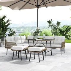 Outsunny 6 Piece Rattan Garden Furniture Set, 8 Seater Garden Corner Sofa with Cushions and Glass Top Table, Sectional Outdoor Furniture Conservatory Set for Patio, Cream White - 8