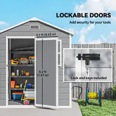 Outsunny 6 x 4ft Garden Shed, Plastic Shed with Floor, Window, Lockable Door and Vents, Wood Effect Resin Tool Shed for Outdoor, Grey - 8