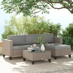 Outsunny 5-Piece Rattan Patio Furniture Set with Corner Sofa, Footstools, Coffee Table, for Poolside, Brown - 2