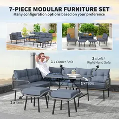 Outsunny 6 Piece Rattan Garden Furniture Set, 8 Seater Garden Corner Sofa with Cushions and Glass Top Table, Sectional Outdoor Furniture Conservatory Set for Patio, Charcoal Grey - 4