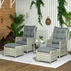 Outsunny 5 Pieces Rattan Bistro Set with Adjustable Back, Reclining Wicker Balcony Furniture with Cushions, Glass Top Coffee Table and Footstools, Outdoor Table and Chairs, Grey - 2