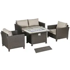 Outsunny 5-Piece Rattan Patio Furniture Set with Gas Fire Pit Table, Loveseat Sofa, Armchairs, Cushions, Pillows, Dark Brown - 1