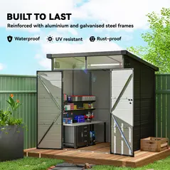 Outsunny 6 x 6ft Outdoor Storage Shed, Plastic Garden Shed with Windows and Air Vents, Outdoor Resin Tool Shed with Latch Doors for Garden, Deck, Dark Grey - 5