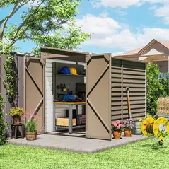 Outsunny 5 x 9ft Galvanised Metal Garden Shed with Foundation Kit, Outdoor Lean-to Shed, Tool Storage House with Lockable Doors, Gloves and 2 Air Vents for Patio, Garden, Brown - 2