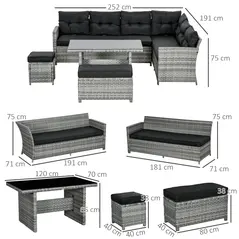 Outsunny 5-Piece Rattan Patio Furniture Set with Corner Sofa, Footstools, Glass Coffee Table, Cushions, Mixed Grey - 3