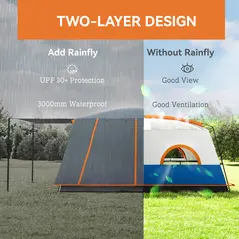 Outsunny 4-6 Man Camping Tent, Double Layer Tunnel Tent with Porch, Living Area and 2 Bedrooms, Sewn in Groundsheet, 3000mm Waterproof and UPF 30+, Portable with Bag, Blue - 4