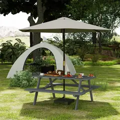 Outsunny 6 Seater Wooden Picnic Table Bench for Outdoor Garden or Patio with Parasol Cutout 150 cm Grey - 2