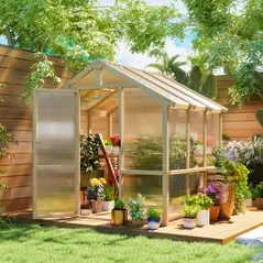 Outsunny 6.6 x 6ft Polycarbonate Greenhouse, Walk-in Wooden Greenhouse with Lockable Door and Window, Garden Plants Grow House, Brown - 2