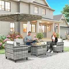 Outsunny 5-Piece Rattan Patio Furniture Set with Gas Fire Pit Table, Loveseat Sofa, Armchairs, Cushions, Pillows, Grey - 2