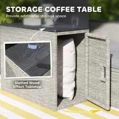 Outsunny 5 Piece Rattan Garden Furniture Set, Nesting Outdoor Furniture Conversation Set with 2 Footstools, WPC Storage Coffee Table and Cushions, Wicker Garden Sofa for Conservatory, Terrace, Grey - 8