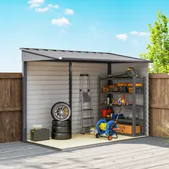 Outsunny 5 x 9ft Galvanised Metal Garden Shed with Foundation Kit, Outdoor Lean-to Shed, Tool Storage House with Lockable Doors, Gloves and 2 Air Vents for Patio, Garden, Grey - 9