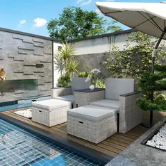 Outsunny 5 Piece Rattan Garden Furniture Set, Nesting Outdoor Furniture Conversation Set with 2 Footstools, WPC Storage Coffee Table and Cushions, Wicker Garden Sofa for Conservatory, Terrace, Grey - 2