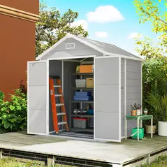 Outsunny 6 x 5ft Garden Shed, Plastic Shed with Floor, Window, Lockable Doors and Vents, Wood Effect Resin Tool Shed for Outdoor Patio, Light Grey - 2