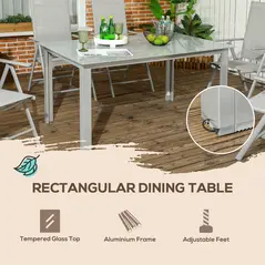 Outsunny 7 Piece Garden Dining Set, Outdoor Table and 6 Folding and Reclining Chairs, Aluminium Frame, Tempered Glass Top Table, Texteline Seats, Grey - 8