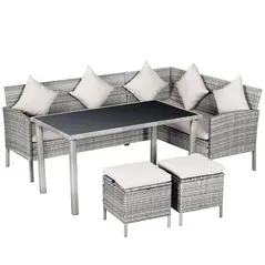 Outsunny 6-Seater Rattan Dining Set Sofa Table Footstool Outdoor w/ Cushion Garden Furniture - 1