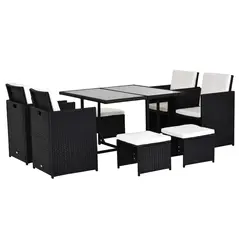 Outsunny 8 Seater Rattan Cube Garden Furniture Set, Rattan Dining Set with Cushions, Outdoor Dining Table and Chairs with 4 Armchairs, 4 Stools, Square Glass Top Table, Black - 1