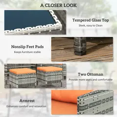 Outsunny 7-Seater Patio wicker Sofa Set Rattan Chair Furniture w/ Glass & Cushioned, Orange - 6