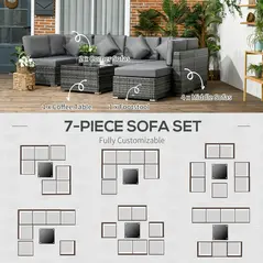 Outsunny 8 Pieces PE Rattan Corner Sofa Set, Outdoor Garden Furniture Set, Patio Wicker Sofa Seater w/ Cushion, Washable Cushion Cover & Tempered Glass Table, Grey - 6