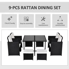 Outsunny 8 Seater Rattan Cube Garden Furniture Set, Rattan Dining Set with Cushions, Outdoor Dining Table and Chairs with 4 Armchairs, 4 Stools, Square Glass Top Table, Black - 4