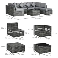 Outsunny 8 Pieces PE Rattan Corner Sofa Set, Outdoor Garden Furniture Set, Patio Wicker Sofa Seater w/ Cushion, Washable Cushion Cover & Tempered Glass Table, Grey - 3