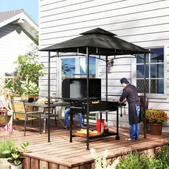 Outsunny 8' x 5' Grill Gazebo, Double Tiered BBQ Gazebo Shelter Canopy with LED Lights, 2 Side Shelves, Hooks, Dark Grey - 9